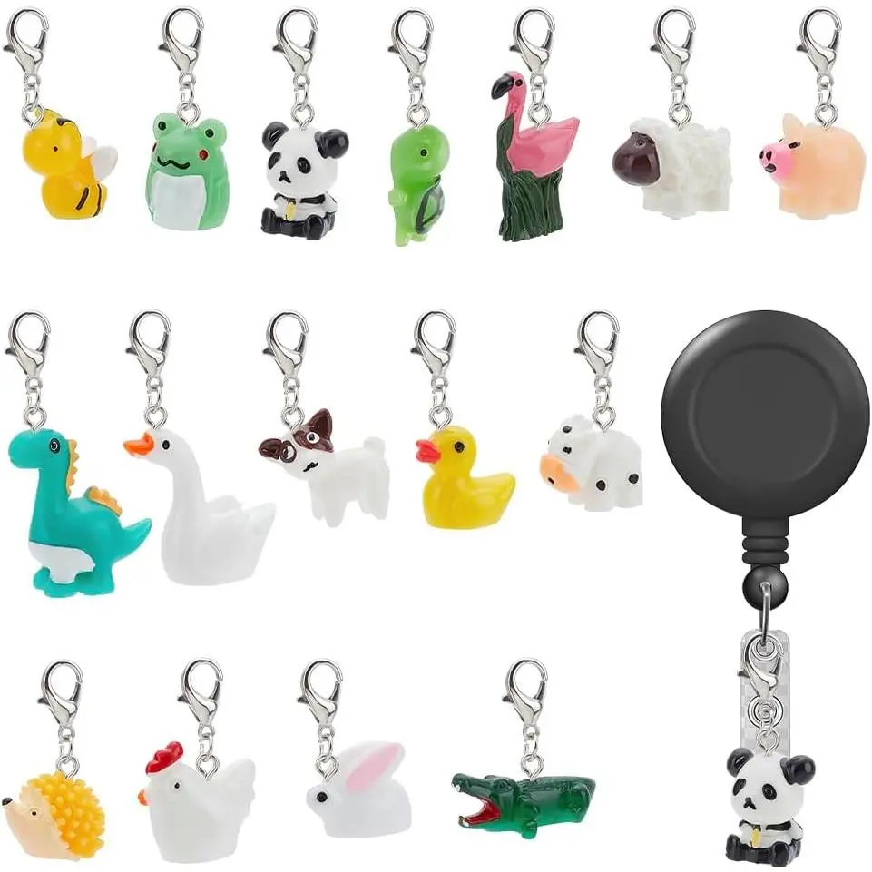 16-Count Synthetic Badge Reel Charms, Lovely ID Card Name Tag Badge Holder with Bracelet Charms, Jump Rings, Stitch Markers for Teachers, Office School Graduation Supplies