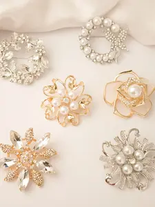 6 Pcs Mixed Pearl Rhinestone Brooches, Alloy Vintage Pins, Elegant Accessories for Suits Coats Dresses, Perfect Valentine's Day Gift