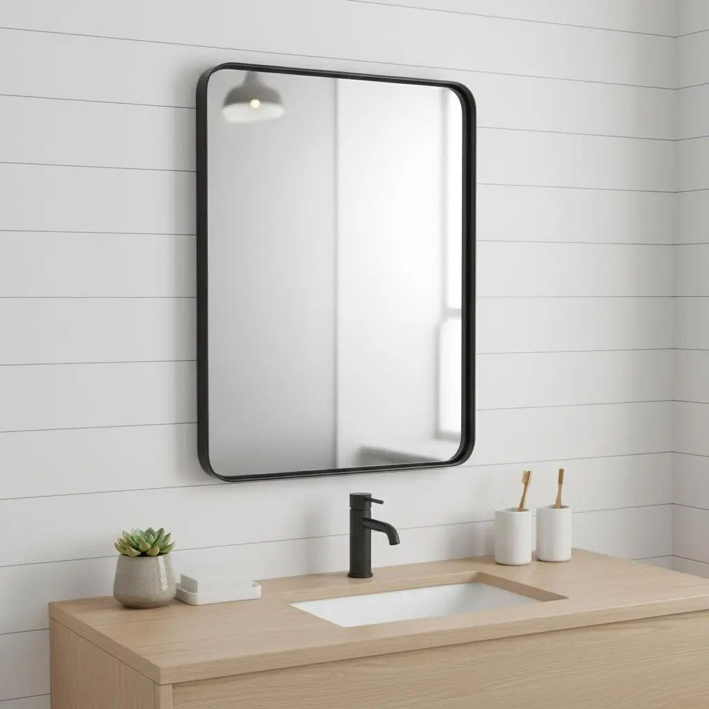 HomeRoots 636266 39 in. Black Metal Floating Framed Glass Bathroom Mirror, Glass Bathroom Mirrors