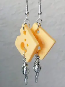 Cheese Slice Earrings, Realistic Food Jewelry, Handmade Fun Mouse Earrings, Unique Creative Ear Accessories, New and Quirky Designs