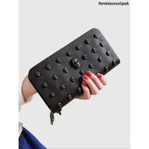 Halloween Theme Black Skull Rivet Long Wristlet Wallet – Punk Gothic Style Zipper Closure, Large Capacity Unisex Coin Wallet, Sturdy Durable for Party & Daily Outfits