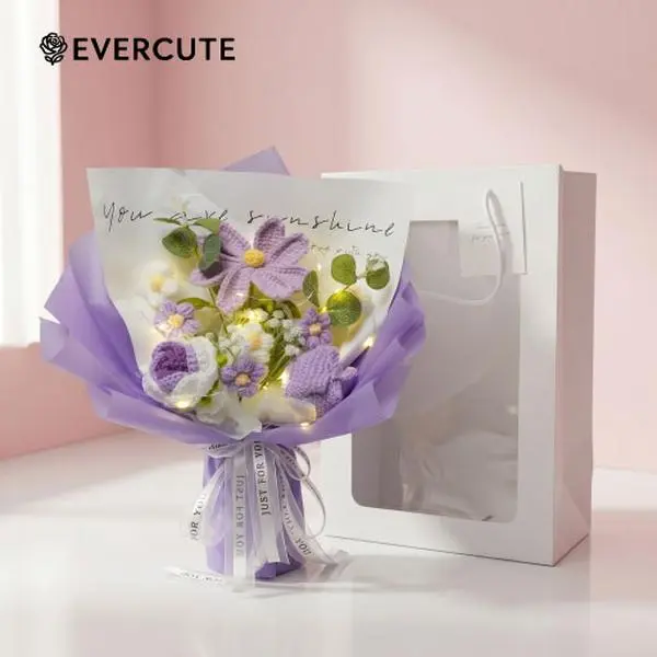 EVERCUTE Handmade Crochet Flower Bouquet with LED Lights – Knitted Artificial Flowers for Romantic Gift, Girlfriend, Bridal Shower, Wedding, Home Decor, Anniversary, Birthday dream fake flowers for outdoor uv resistant realistic silk flower porch decor