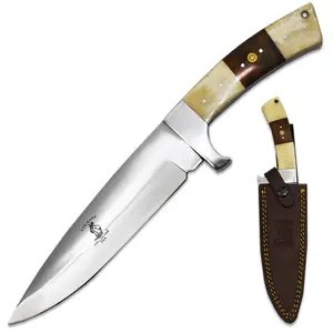 12" Bone Collector Stainless Steel Knives Hunting Tool - Stainless Steel Blade, White Bovine-Rosewood Handle, Leather Sheath (Model BC 882-WRW) for Camping, Hiking