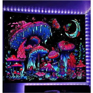 Blacklight Mushroom Tapestry, Glow In The Dark Plant Tapestry Fantasy UV Reactive Mushroom Butterfly Moon Tapestries Posters Wall Hanging for Bedroom Dorm Decor