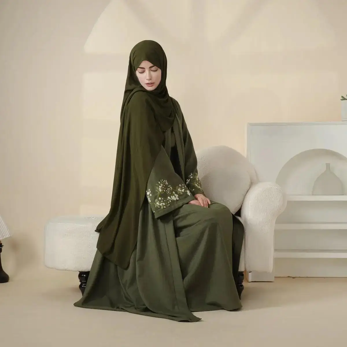 Comfort Meaningful Peace Jasmine Olive Branch Embroidered Abaya Set Intricate Symbol 4-Piece Affordable Full Length Fabric Durability Polyester moa037