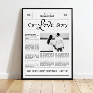 Editable Valentine’s Day Vintage Newsletter, Gray Newspaper Template, Personalized Photo & Text Print, Romantic Custom Valentine Gift, Retro Newsprint Wall Art Decor