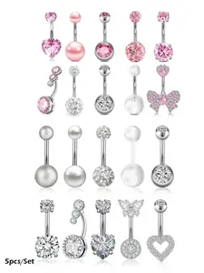 Butterfly Belly Ring, Heart Butterfly Pearl Cubic Zirconia Navel Piercing Jewelry, Stainless Steel Body Piercings 14 Gauge