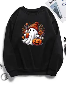 Women's Cartoon Ghost Print Drop Shoulder Sweatshirt, Casual Long Sleeve Round Neck Pullover for Daily Wear, Ladies Spring & Fall Clothes