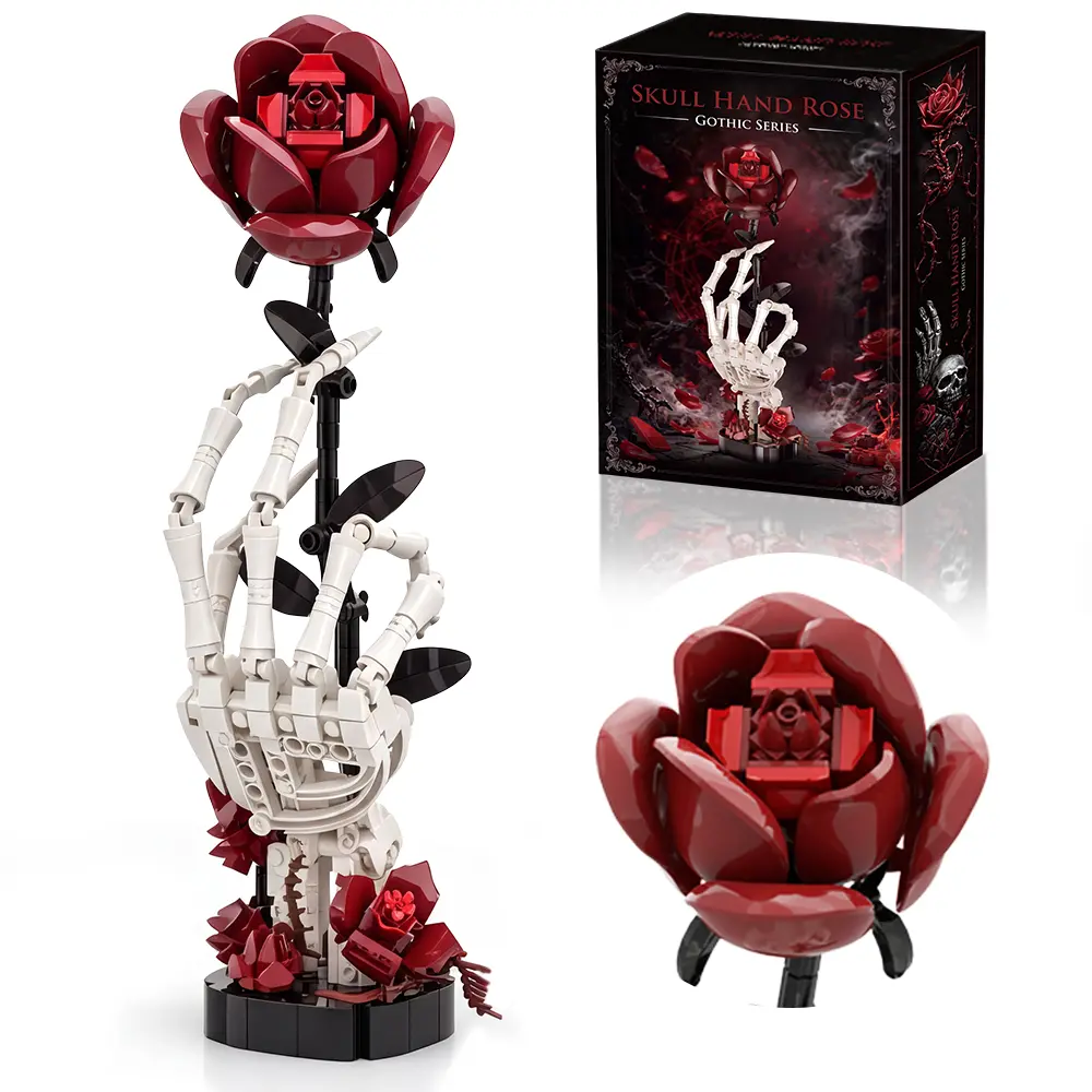 Gothic Skull Hand Rose Building Set – Dark Romantic Skeleton Hand Holding Rose, Viral Aesthetic Desk Decor, Horror-Inspired Room Display, Unique Gift Idea for Adults & Teens, Creative Model Kit Decorative Flowers Diy Artificial Rose fun gifts