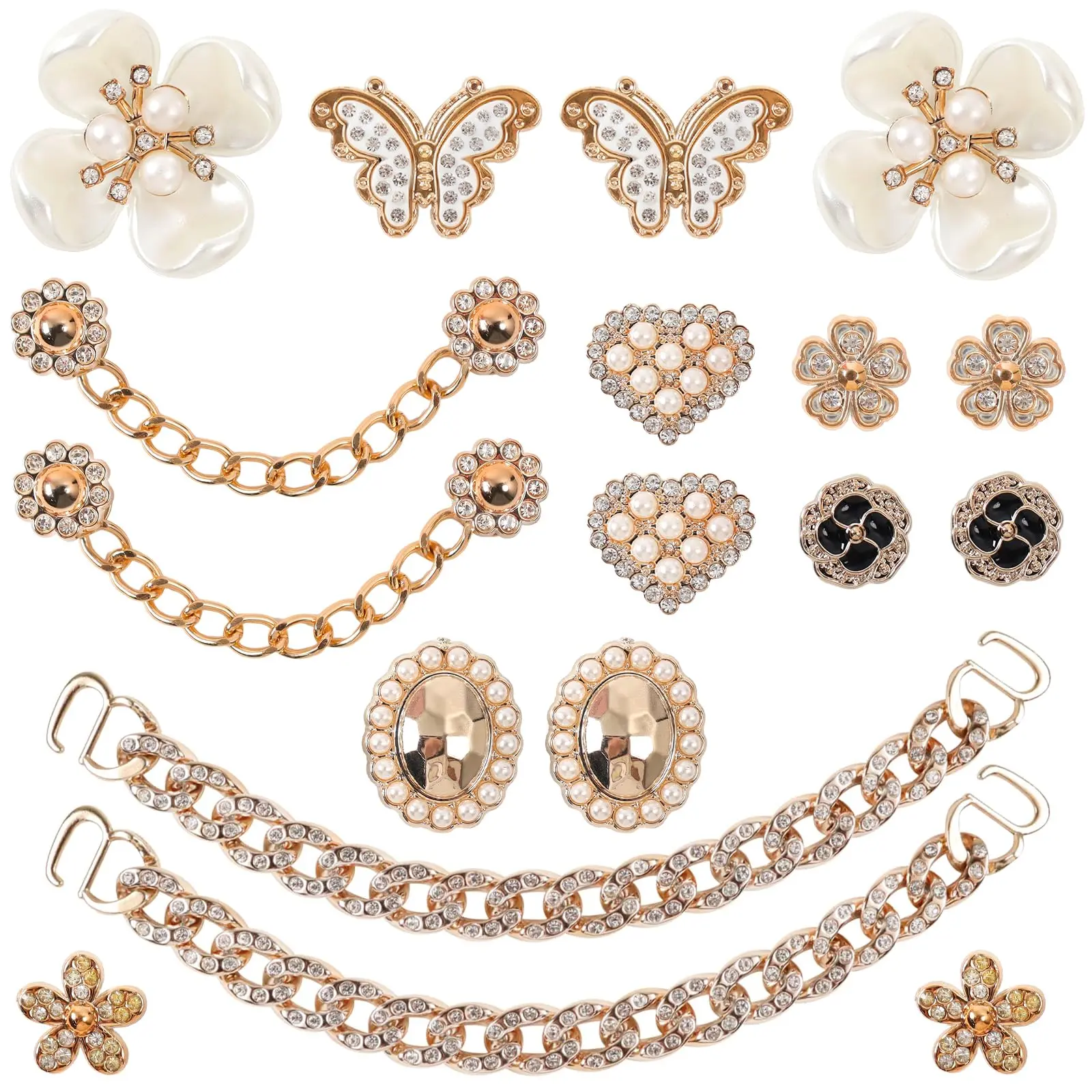 Women's 18 Pcs Small Plastic Bling Shoe Charms, Elegant Crystal Rhinestones & Pearl Accessories with Butterfly, Flower & Gold Chain Designs, Lightweight DIY Decor for Valentine's Day, Valentines Day, Hangable, Diy Decoration, Floral, Oval, Hole, Alloy, Pa