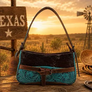 Durable Genuine Leather Cowhide Western Tooled Turquoise-Brown Contemporary Women's Handbag, Unique Gift, Gift Bag for Parties