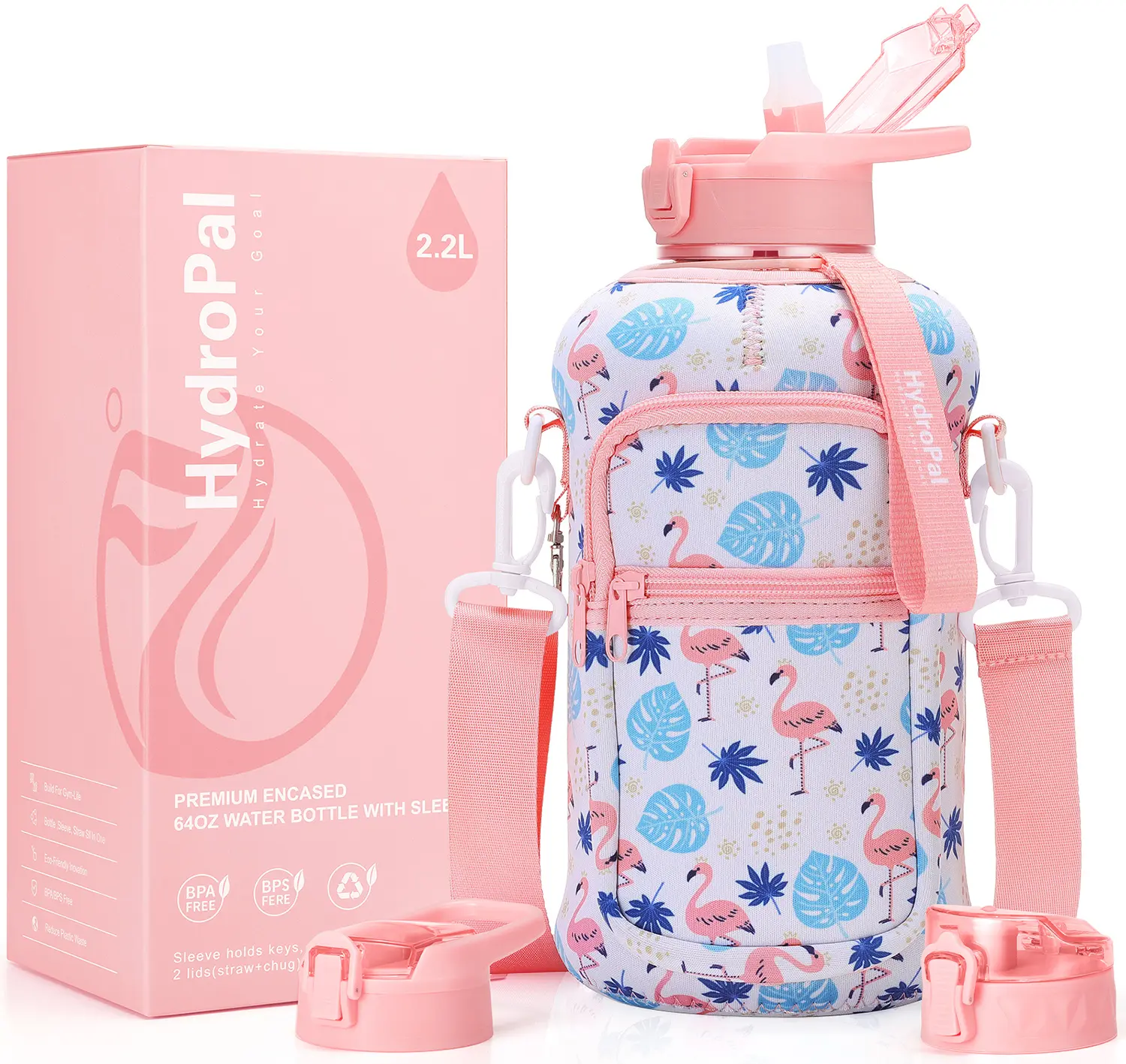 74oz Sports Water Bottle with Patterned Sleeve & Pouch, BPA-Free & Leak-Proof, Includes 2 Lids (Chug & Straw), Handle & Shoulder Strap, Waterbottles