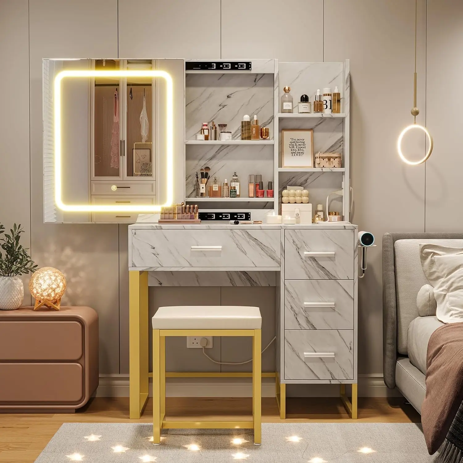 Gaomon Marble White Modern Illuminated Multi-Light Self-Contained Makeup Vanity Desk - 3-Color LED Mirror, 4 Drawers, Storage Shelves, Hair Dryer Holder, Power Outlets, Stool, Storage Organization Charging Station, Modern Makeup Vanity, Multi-Light Makeup