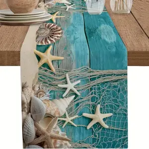 1 piece of vintage blue beach themed linen tablecloth with fishing nets, shells, and starfish - Ocean kitchen and dining table decoration, suitable for parties, festivals, or coastal style environments, with coastal dining table settings