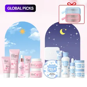Sakura & Milk Skincare Set, 1 Set Day & Night Skincare Kit, Including Facial Cleanser, Eye Cream, Serum, Moisturizer, Sun Care Cream, Scrub, Makeup Bag, Skincare, Rejuvenating Sets Toiletries Kit Cosmetic, Skincare, Skin care products