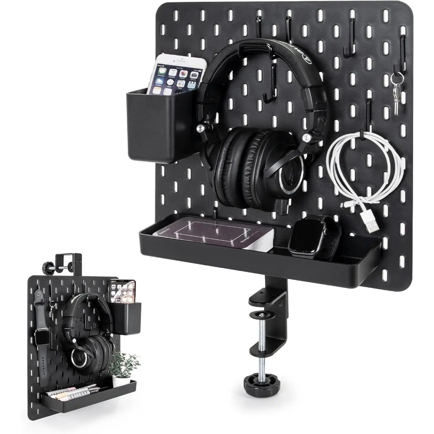 Clamp- Desk Pegboard, 13.5 x 14 inch  Divider, Desk Partition Panel, No-Drill Desk Mounted Organizer, Combination Peg Board for Office, Gaming, , , Black