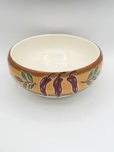 Handmade Chip Salsa & Guacamole Bowl Set of 3 with Chili Pepper Design on Yellow Background