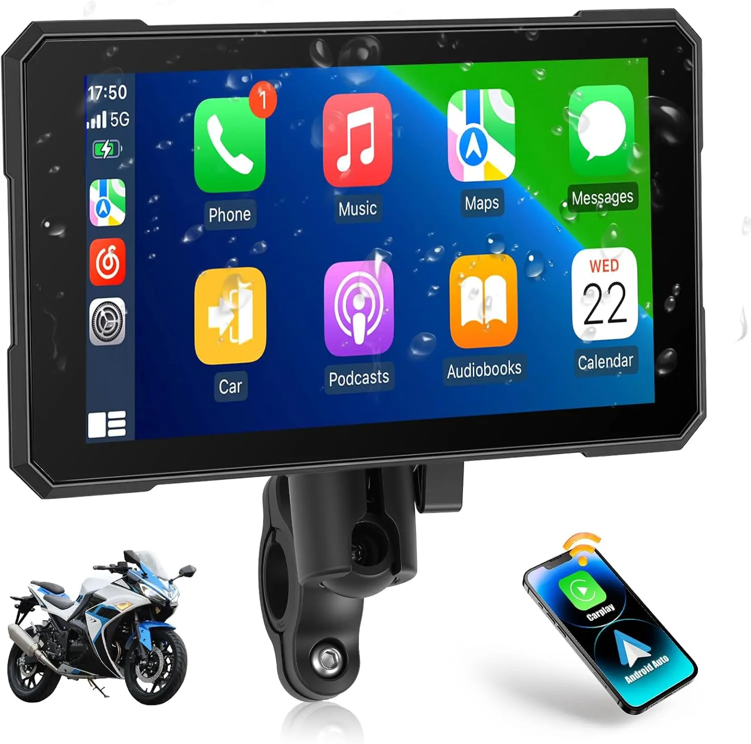5-Inch IP67 Waterproof Touchscreen Motorcycle Car Stereo with Wireless Android Auto, Dual CarPlay, Bluetooth, Navigation, Siri-Google Voice Control, 2 Bracket Kits, Hassle-Free Installation for All Motorcycles, Scooters (Vehicle Accessories)