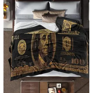 Warm Soft Fleece Flannel Linen Black Gold Money Blanket 100 Dollar Bills Pattern Print Million Dollar Blanket and Matching Pillowcases