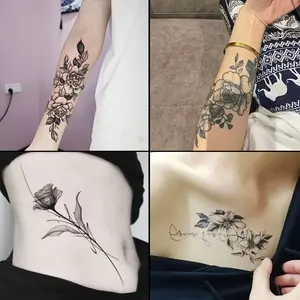 4-Pack Large Herbal and Floral Temporary Tattoo Stickers - Realistic Black Ink Body Art, Waterproof and Durable for 7 to 15 Days, Suitable for Sensitive Skin, Simple Floral Elements, Painless Tattoos |   Exquisite Patterns |   Friction-Resistant Tattoo, T