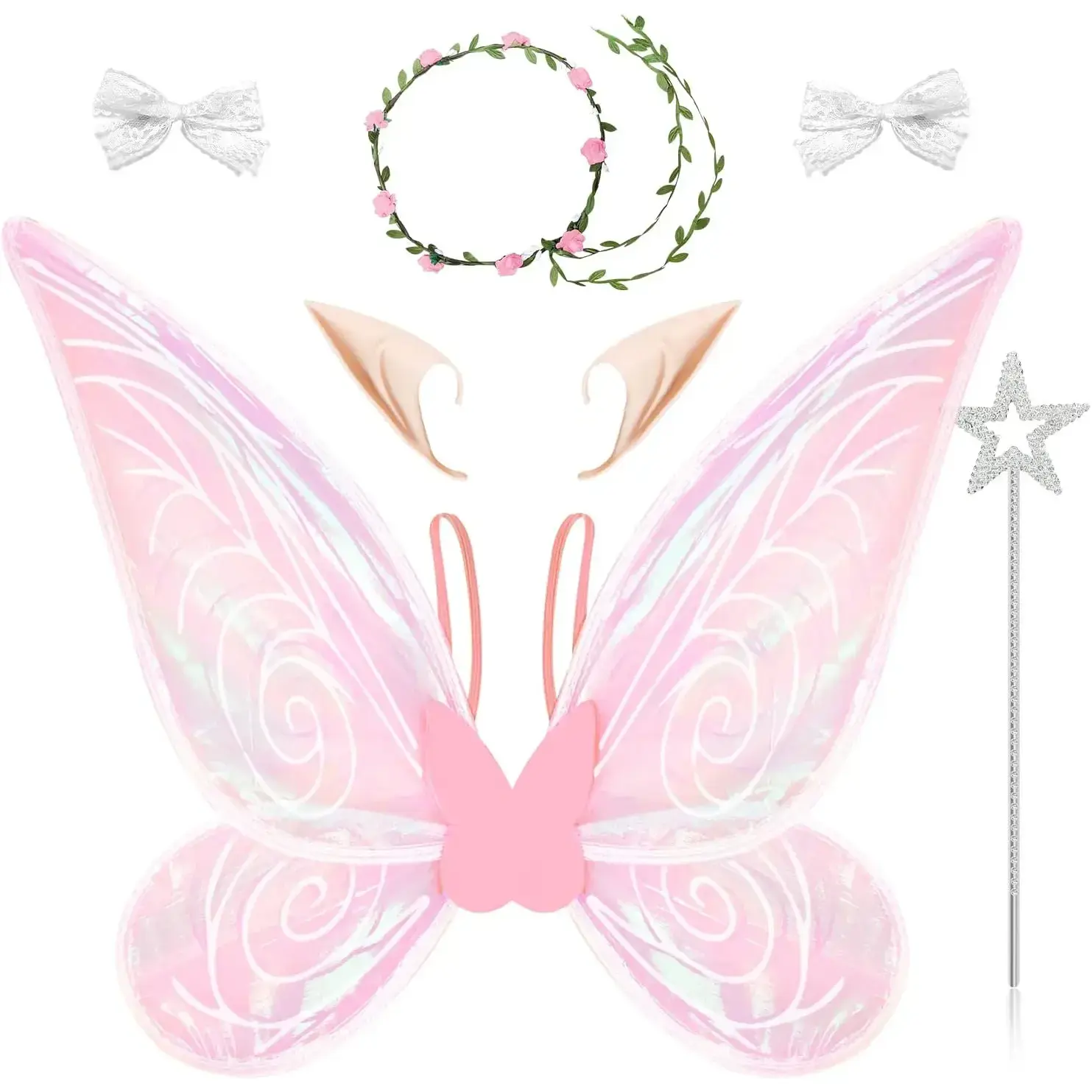 7 Pieces Fairy Wings Dress Up, Glitter Transparent Butterfly Halloween Costume Angel Wings for Girls Women