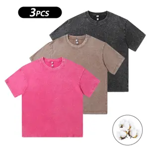 3PCS Heavyweight Vintage Acid Washed Oversize Tshirts for Women's, 230g 100% Cotton Short Sleeve Crew Neck Tees, Casual Loose Fit Summer Basic Tops, Summer Basic Womenswear Tops, Streetwear