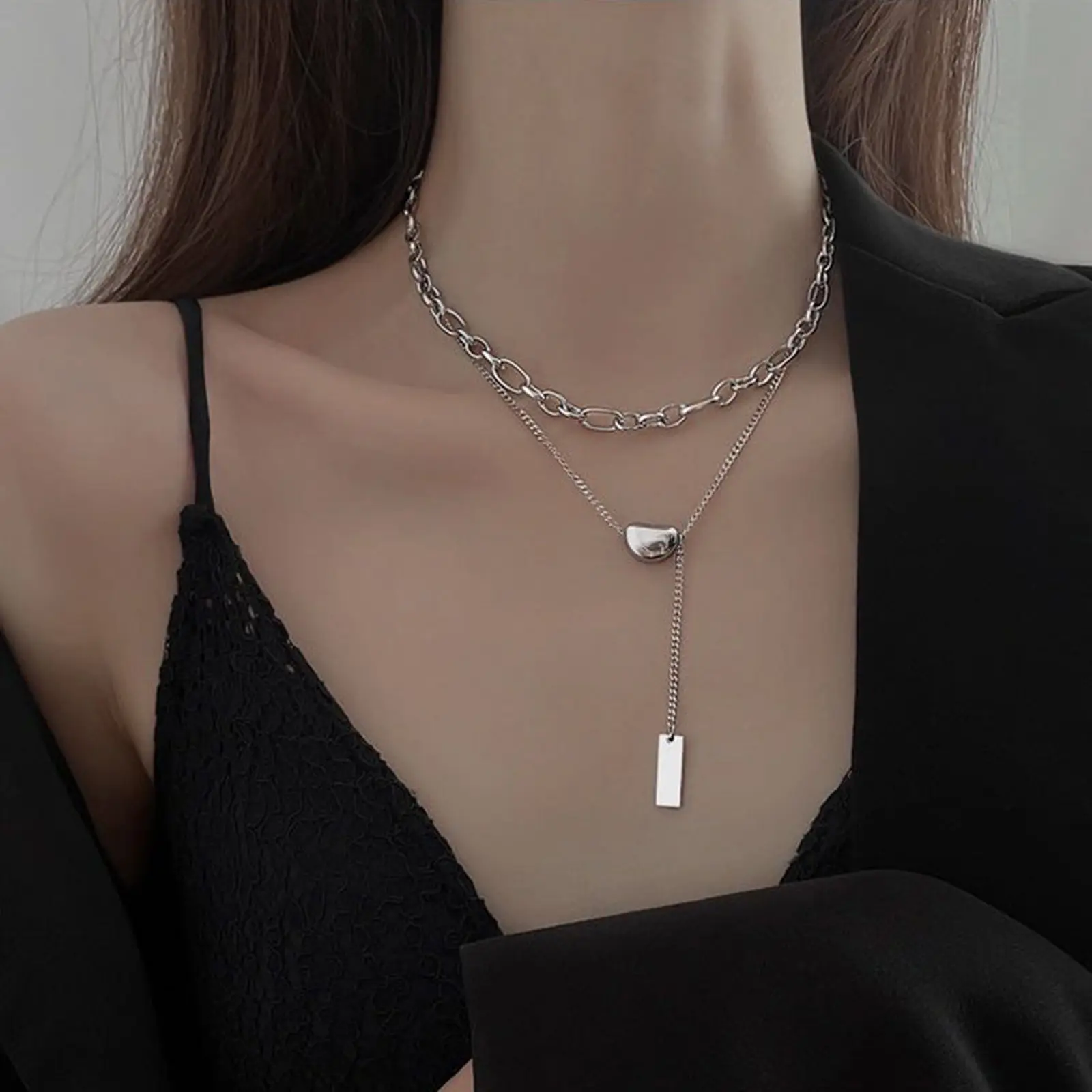Women's Unisex Auspicious Acacia Bean Titanium Steel Necklace, Casual Daily Silver Double-Layered Clavicle Chain, Artificial Gemstone Jewelry Accessory, Layered Look, Everyday Wear