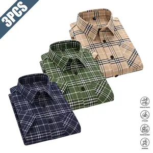 3-Pack Men's Premium Plaid Button Down Shirt - Short Sleeve Spread Collar Chest Pocket Casual Business Summer Wear