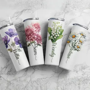 Personalized Birth Flower 20oz Tumbler – Custom Name Month Flower Insulated Stainless Steel Cup – Travel Mug with Straw or Lid Gift for Her