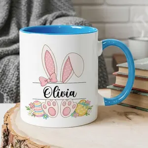 [Sale Up To 50%] Custom Easter Bunny Name Mug 11oz 15oz, Personalized Bunny Ears Coffee Mug, Cute Spring Bunny Cup, Easter Gift for Kids and Family, 11oz ceramic accent mug