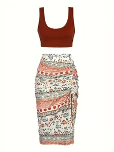 Two-piece Set Matching Skirt Set Women's Solid Crop Tank Top & Floral Print Skirt, Casual Fashion Cozy Outfits for Daily Outdoor Wear, Ladies Clothes for Summer, Womenswear