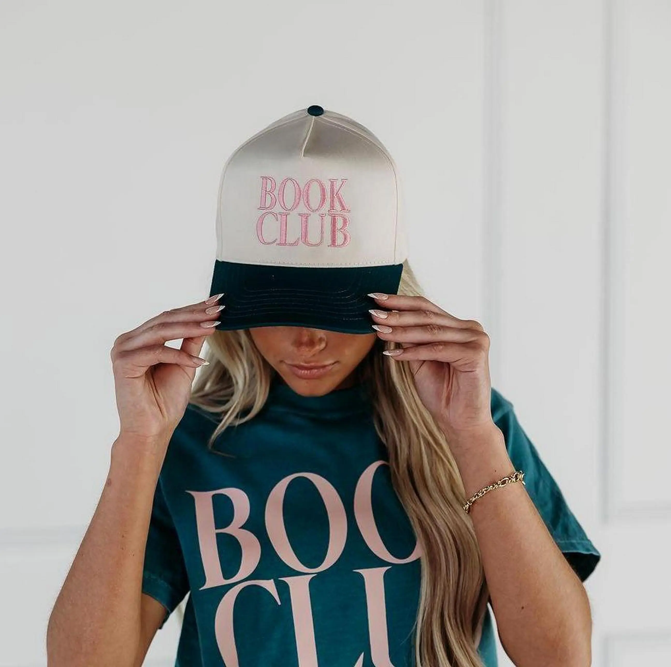 Book Club Embroidered Trucker Hat, Washed Cotton Baseball Cap for Unisex Adults, Casual Wear with Adjustable Strap, Beach, Machine Washable, Cold Wash Only, One Size