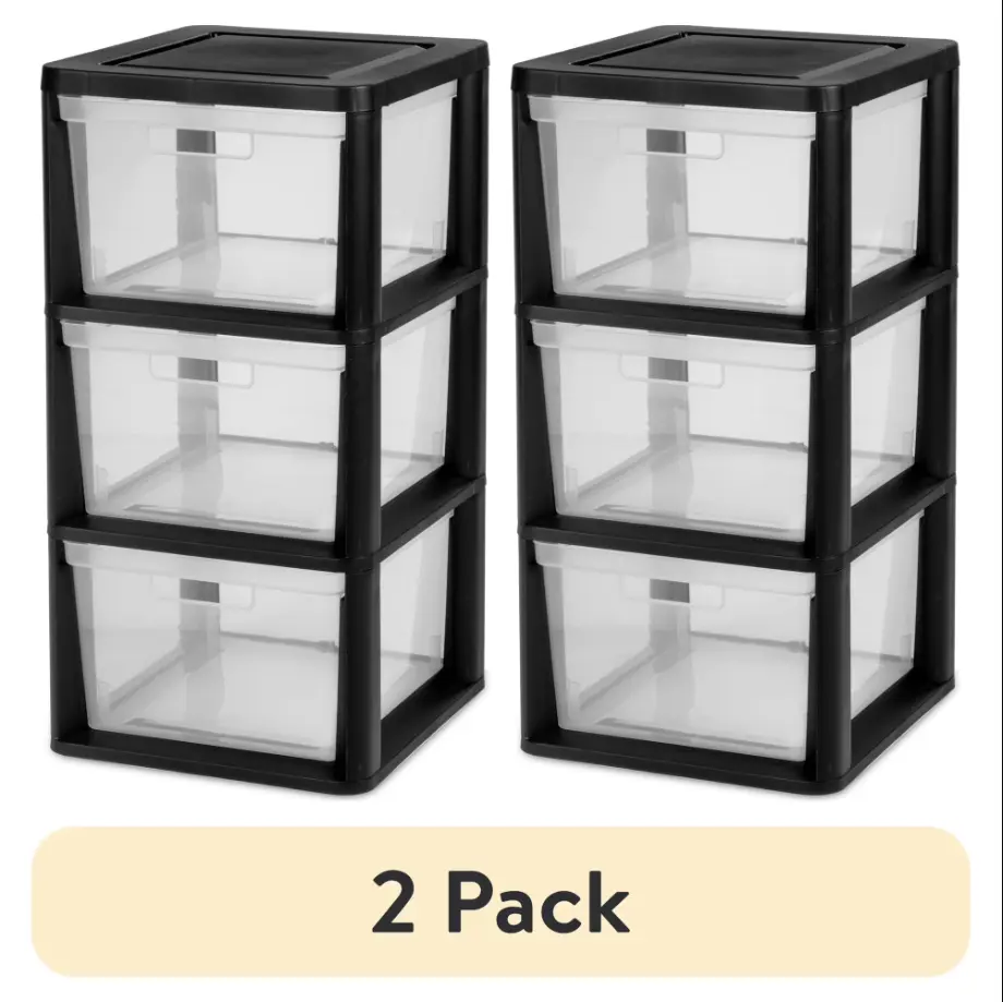 (2 pack) Sterilite 3 Drawer Tower, Plastic Storage Organizer with Removable Clear Bins, Easy Assembly, No Tools Needed, Black