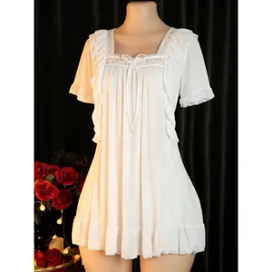 Retro Sexy Lace Ruffle Mesh Nightgown with Mid-Sleeves, Sheer Long Women's Home Wear Nightdress