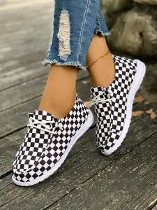 Women's All-Season Casual Fashion Shoes, Breathable Lightweight Eva Sole, Slip-On Checkerboard Round Toe Sneakers for Walking, Hiking, Driving, Running
