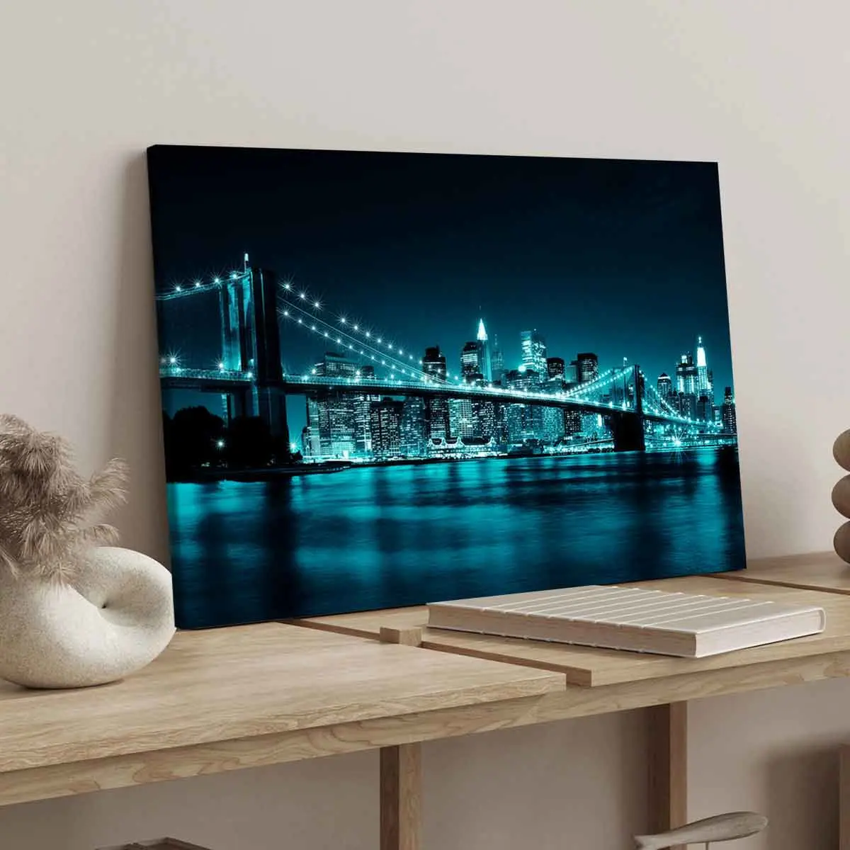 Brooklyn Bridge Night Poster, Modern Art Canvas Print Artwork, Waterproof Wooden Wall Decor Hanging Wall Art for Bedroom & Office, Ideal Gift, High Definition Printing