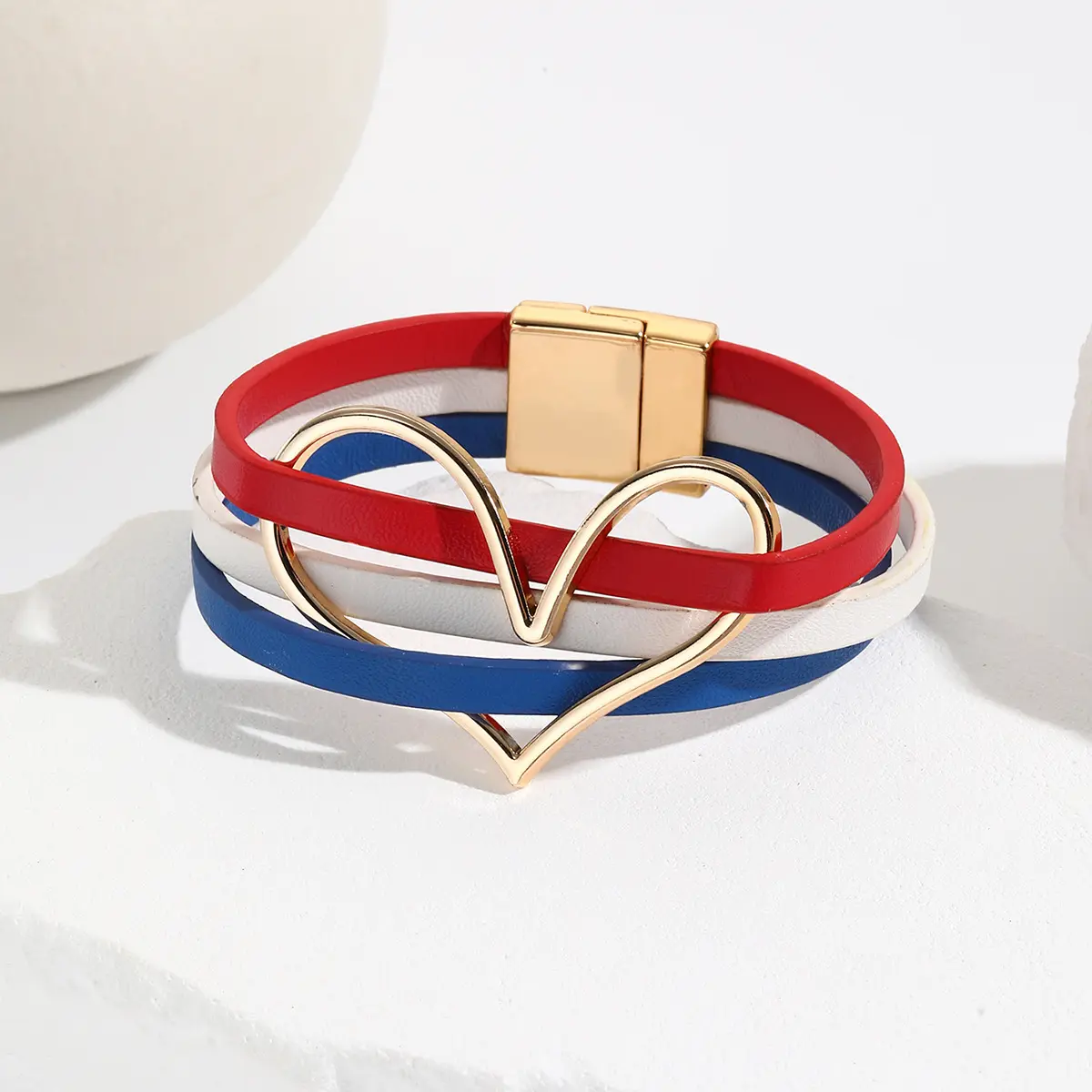 Women's Red White Blue PU Leather Wrap Bracelet - American Flag Inspired Cuff with Open Heart Charm, Secure Mag Clasp, 4th of July Patriotic Fashion Jewelry, Heart Shaped Bracelet, Exquisite Bracelet