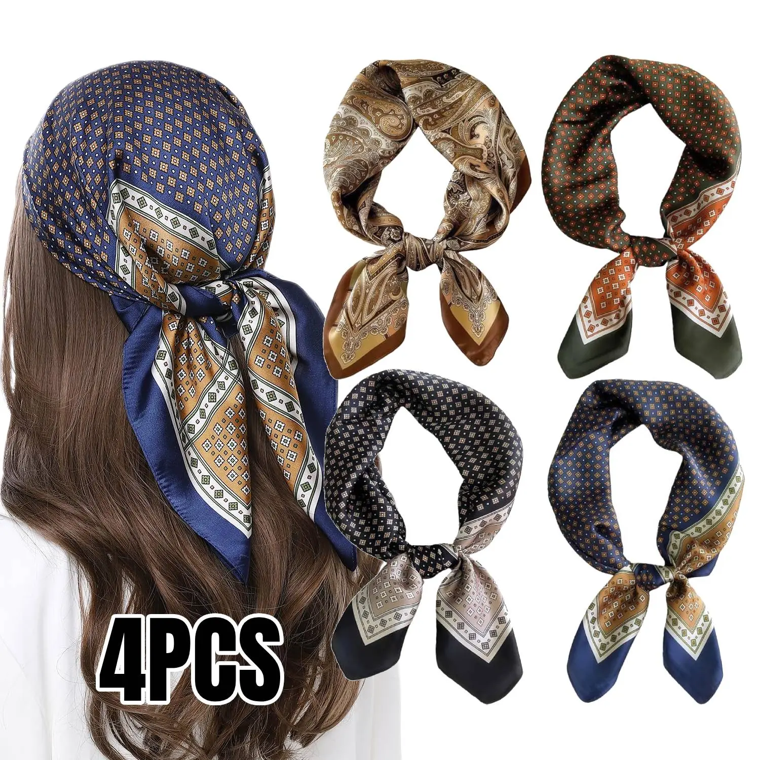 4PCS Vintage Silk Feel Square Scarf for Men Satin Bandana Tiny Pattern Print Neckerchief Geometry Head Scarf
