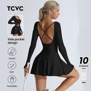 TCVC Women's Seamless Knit Sports Dress, Solid Cross Back, Long Sleeve Square Neck Tennis Dress, Indoor Outdoor Sports Yoga, Skin-Friendly Fabric, Tight-Fitting Shaping Flattering Figure