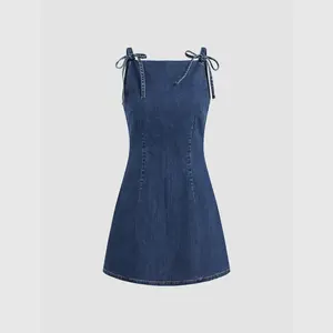 Cider [2 colors, size 0-10] Stretch Denim Solid Zipper Knotted Mini Dress