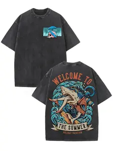 Unisex 230g Heavyweight Washed T-Shirt - Retro Surf & Shark Graphic, "Welcome Summer" Festive Print, Bright Blue Green Distressed Vintage Streetwear, Loose Fit Casual Short Sleeve Round Neck, Machine Washable Tropical Crewneck