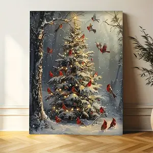 Winter Cardinal Christmas Tree Poster Snowy Evergreen Plants Red Birds Canvas Wall Art Framed Holiday Decor Home Office Easy Hang Kit Artistic Gift Choice 5 Sizes UV Resistant Ink