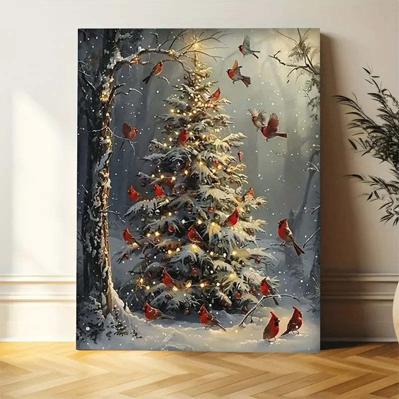Winter Cardinal Framed Canvas Wall Art Print - Christmas Snowy Evergreen & Red Bird Decor, Non-Toxic, Eco-Friendly, UV-Resistant Ink, 5-Size Options (24"x36", 8"x8"), Easy Hanging Kit, Home Office Decor, Artistic Gift