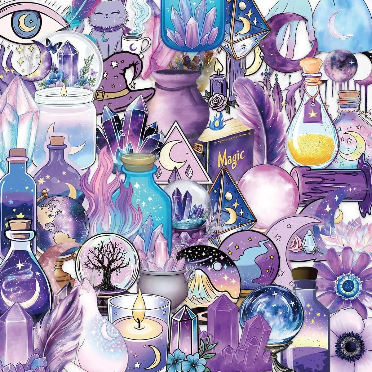 Magic Witch Themed Sticker, 50pcs/set Colorful Self Adhesive Decorative Stickers, DIY Decals for Water Bottle, Laptop, Phone Case, Scrapbooking, Journal Making, Screen Protector
