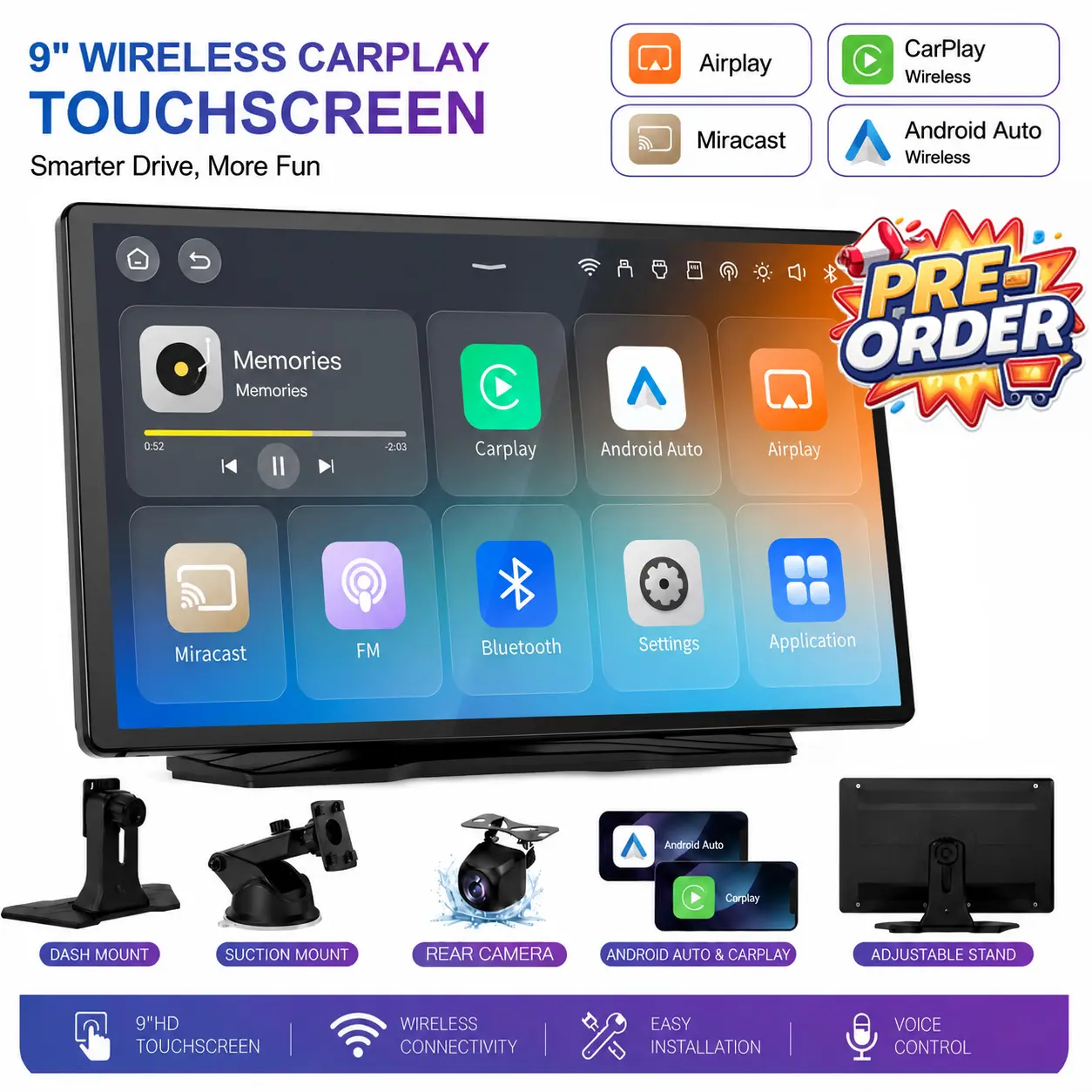 【YMQ】Hot Selling| Pre-Order- 2026 9" Wireless CarPlay Screen - Portable Touchscreen CarPlay, Android Auto, GPS, Mirror Link & Rear Camera | Voice Control