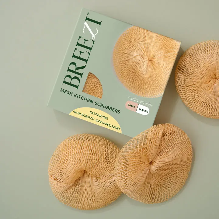 Breezi Classic Mesh Kitchen Sponges - 3-Pack Scouring Pads for Home Care Supplies