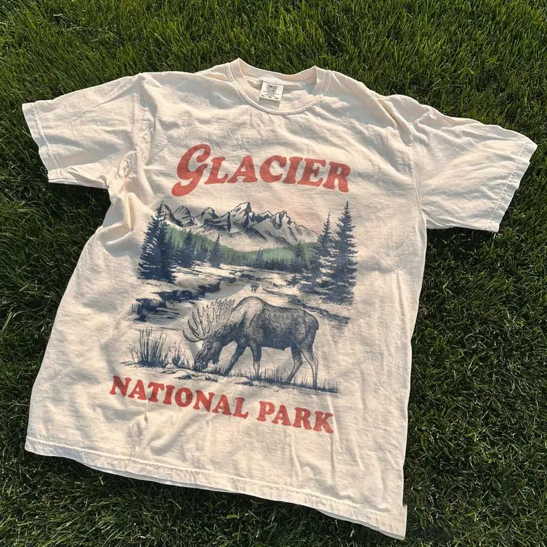 Vintage Glacier National Park Shirt, Moose Wilderness Graphic Tee, Retro Nature Art, Comfort Colors Animal Shirt