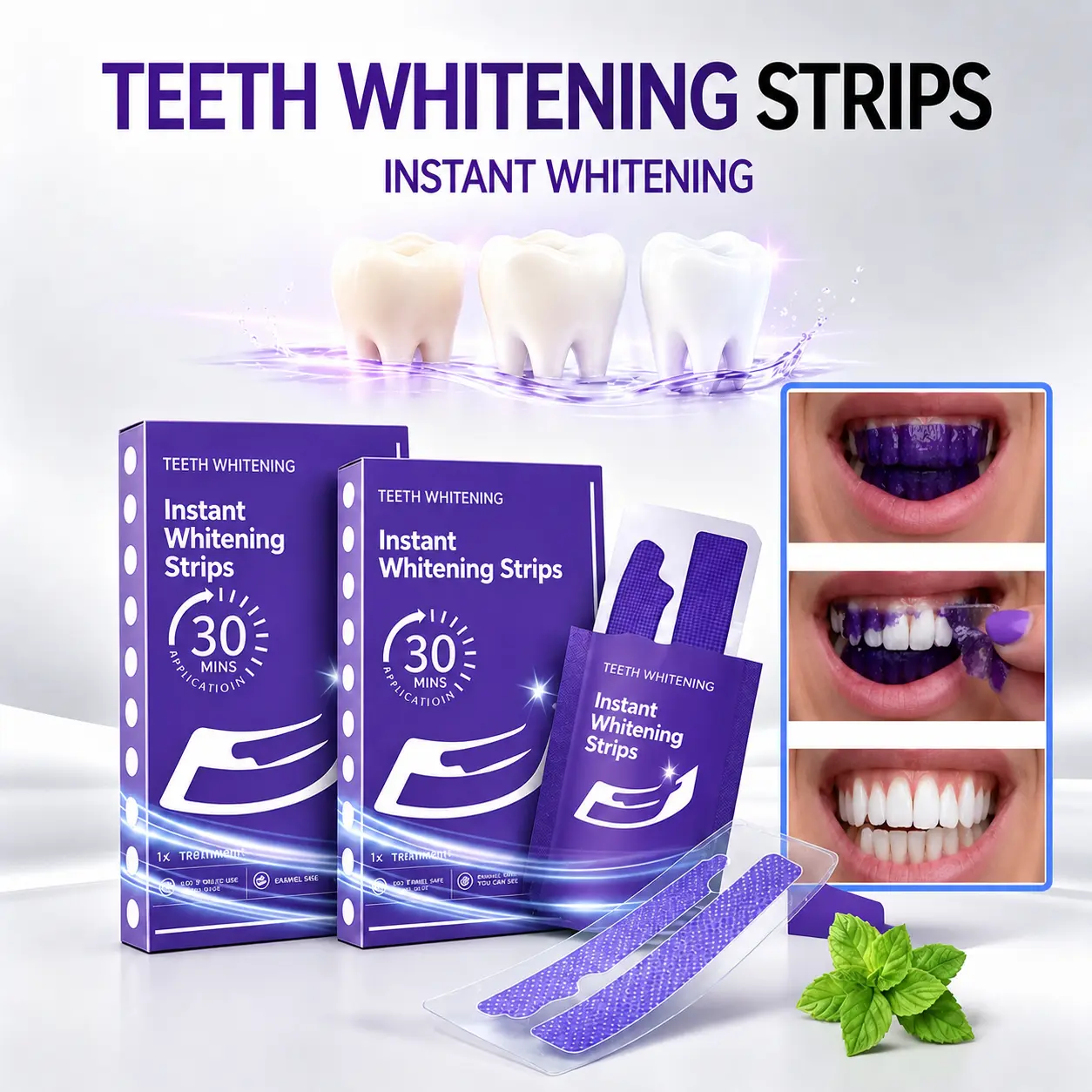 Peroxide Free Purple Whitening Strips for Sensitive Teeth, 28 PCS Enamel Safe Teeth Whitening Kit, Purple Tooth Stain Remover, No Pain Yellow Teeth Treatment easy rinse