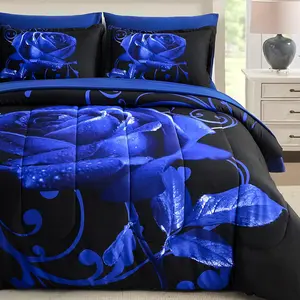 Blue Comforter Set  7 count, Rose  Bed in a Bag, Lightweight Soft Microfiber  Sets with Comforter, Flat Sheet, Fitted Sheet, Pillowcases