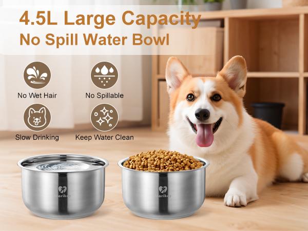 MORIKEY No Spill Dog Water Bowl 4.5L Large Capacity Slow Drinking Pet Bowl with Floating Disk Stainless Steel Easy Clean